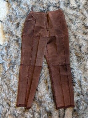 S.M.H. Women's Brown Patchwork Straight-Leg Suede Pants With Crochet